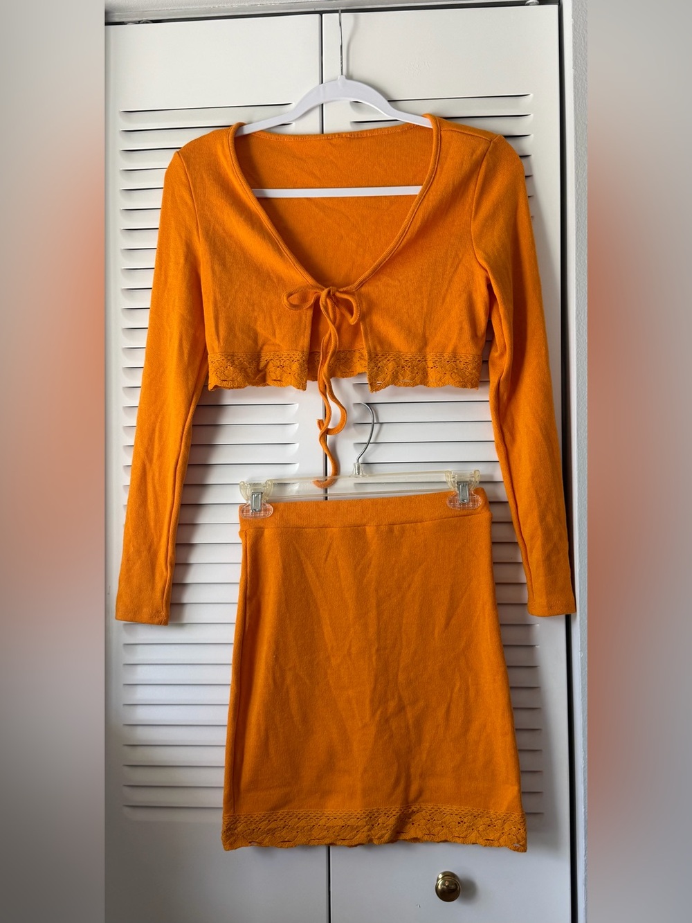 Set of 2 knit knitted Long Sleeve Top and Skirt Orange Lace Trim Skirt Set Like